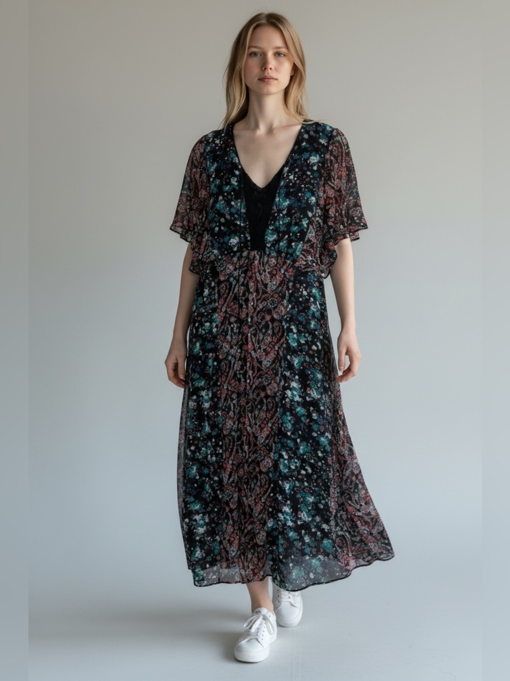 Guess Womens Size Medium Floral Peasant Midi Dress FLAW Black Lace Up Flutter